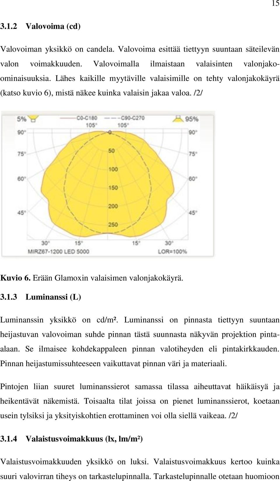 3 Luminanssi (L) Luminanssin yksikkö on cd/m². Luminanssi on pinnasta tiettyyn suuntaan heijastuvan valovoiman suhde pinnan tästä suunnasta näkyvän projektion pintaalaan.