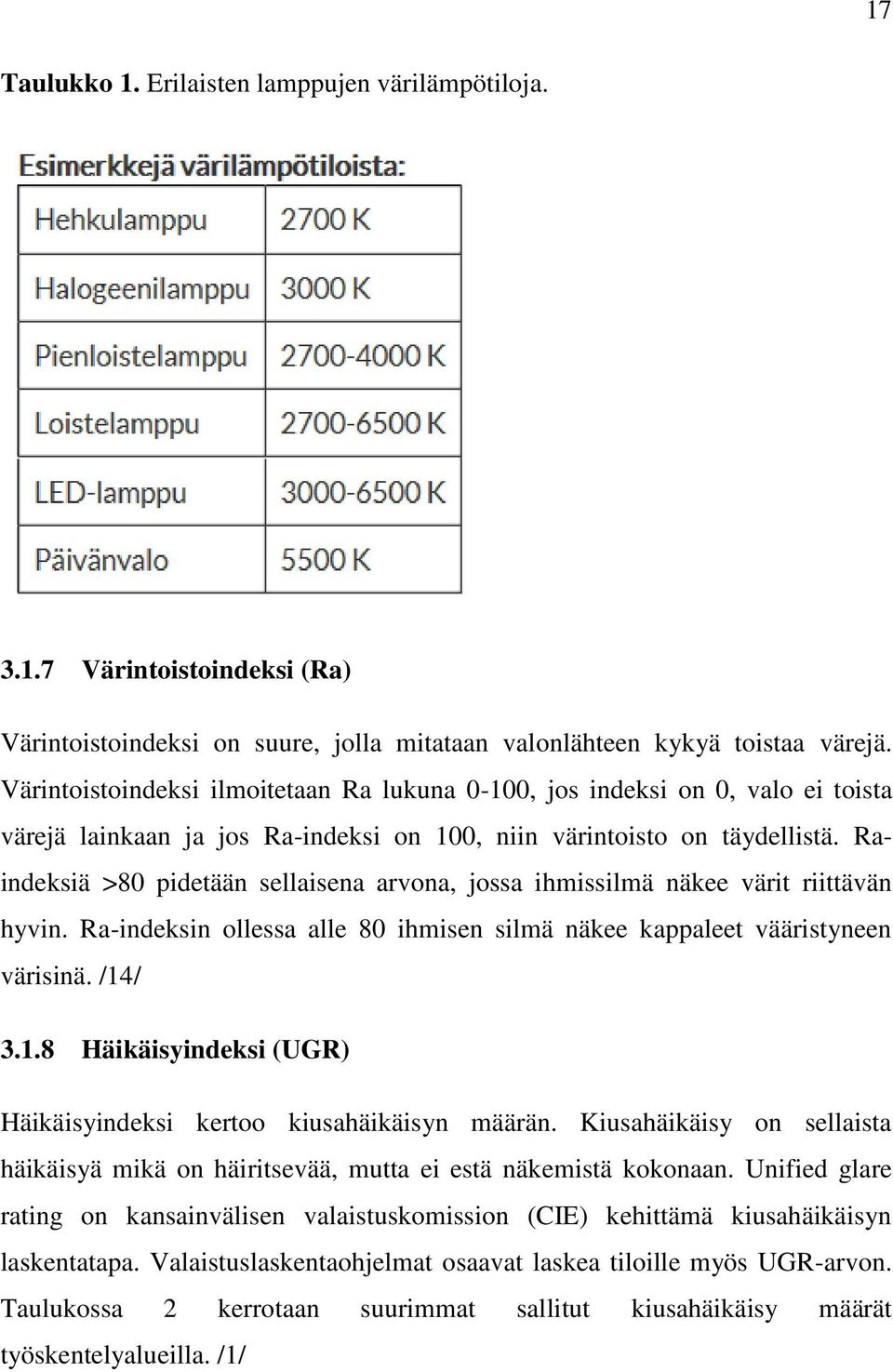 Raindeksiä >80 pidetään sellaisena arvona, jossa ihmissilmä näkee värit riittävän hyvin. Ra-indeksin ollessa alle 80 ihmisen silmä näkee kappaleet vääristyneen värisinä. /14