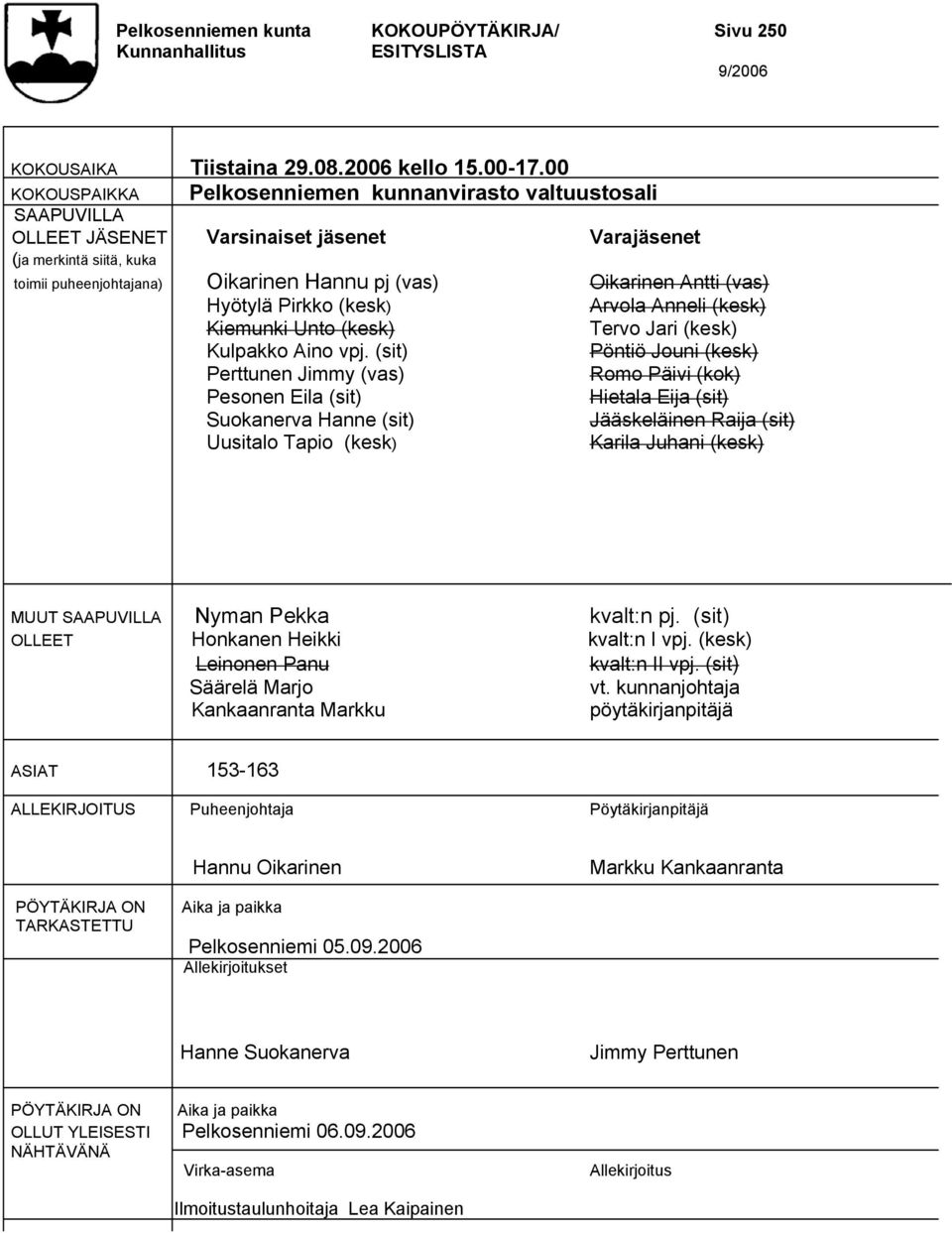 Oikarinen Antti (vas) Hyötylä Pirkko (kesk) Arvola Anneli (kesk) Kiemunki Unto (kesk) Tervo Jari (kesk) Kulpakko Aino vpj.