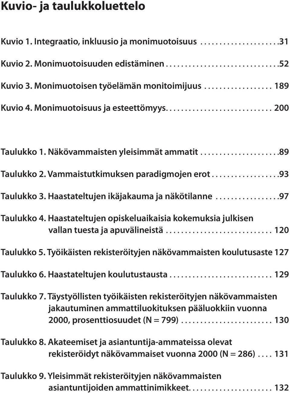 ..97 Taulukko 4. Haastateltujen opiskeluaikaisia kokemuksia julkisen vallan tuesta ja apuvälineistä...120 Taulukko 5. Työikäisten rekisteröityjen näkövammaisten koulutusaste.127 Taulukko 6.