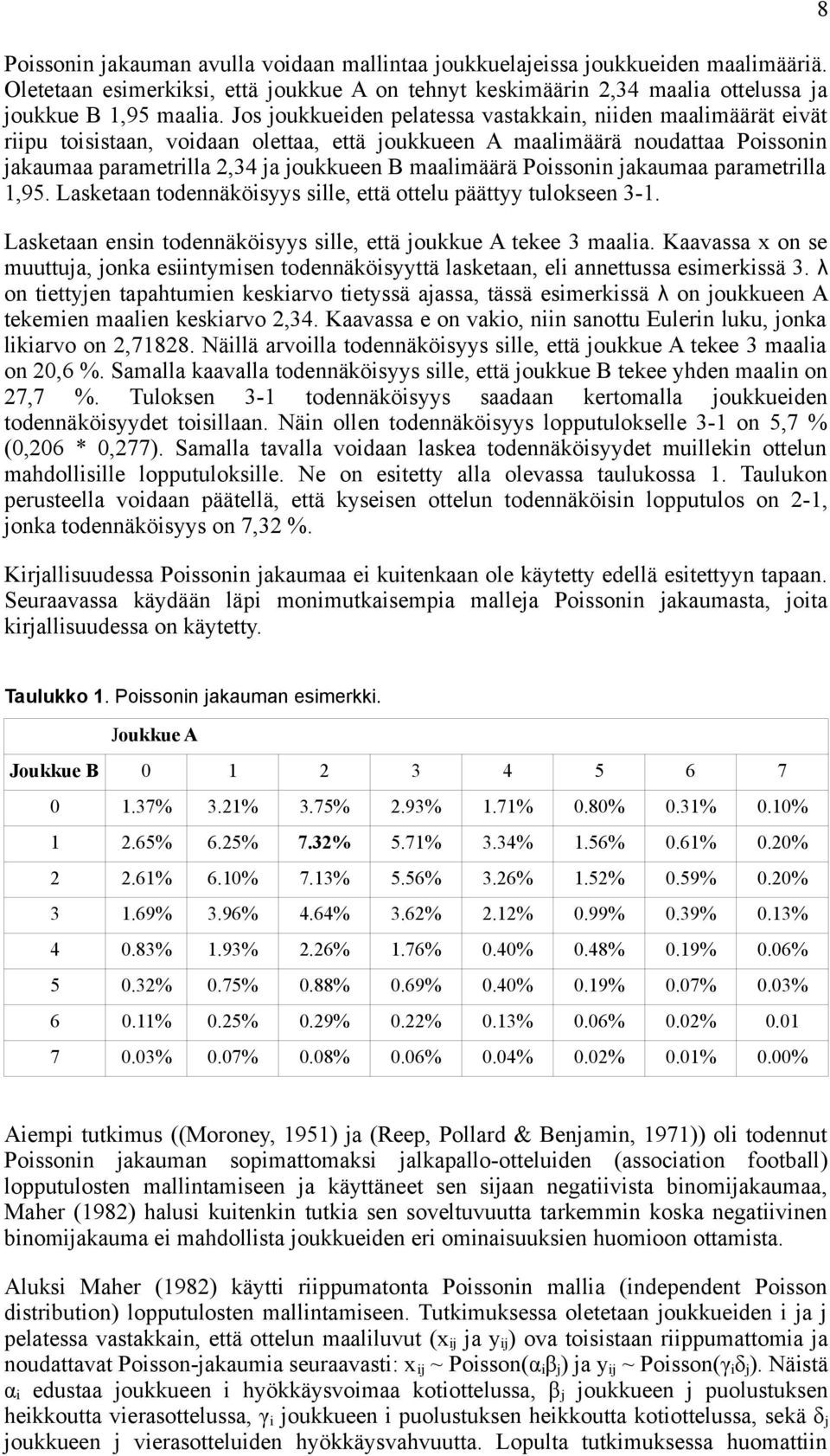 Poissonin jakaumaa parametrilla 1,95. Lasketaan todennäköisyys sille, että ottelu päättyy tulokseen 3-1. Lasketaan ensin todennäköisyys sille, että joukkue A tekee 3 maalia.