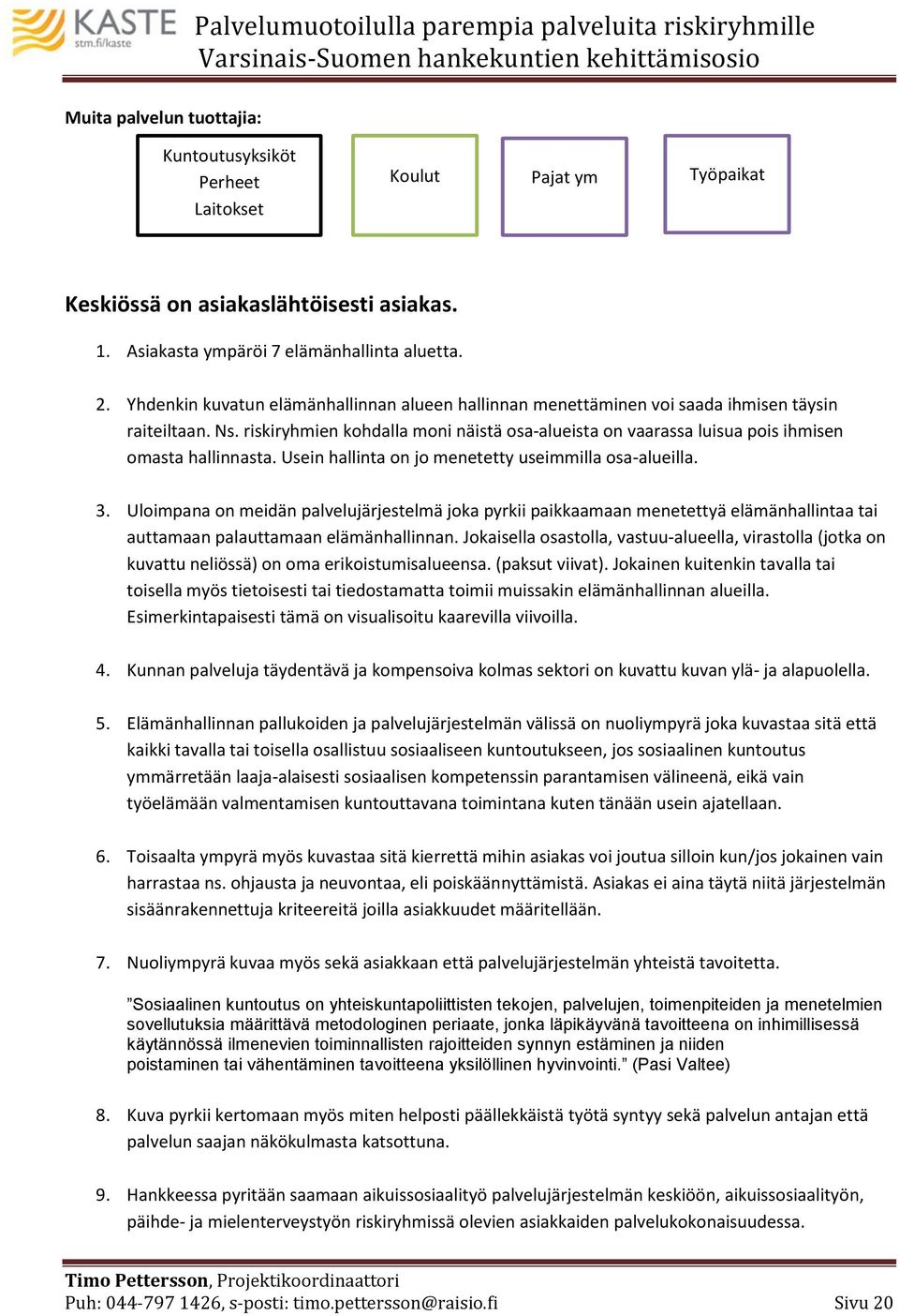 riskiryhmien kohdalla moni näistä osa-alueista on vaarassa luisua pois ihmisen omasta hallinnasta. Usein hallinta on jo menetetty useimmilla osa-alueilla. 3.