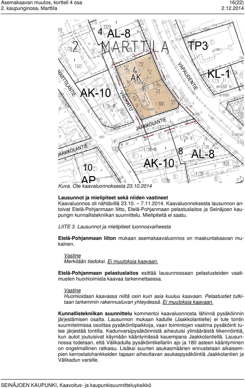 Lausunnot ja mielipiteet luonnosvaiheesta Etelä-Pohjanmaan liiton mukaan asemakaavaluonnos on maakuntakaavan mukainen. Vastine Merkitään tiedoksi. Ei muutoksia kaavaan.