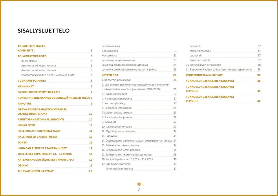 2015 7 KONSERNIN KOLMANNEN VUOSINELJÄNNEKSEN TULOS 8 RAHOITUS 9 ORAVA ASUNTORAHASTON OSAKE JA OSAKKEENOMISTAJAT 10 ASUNTORAHASTON HALLINNOINTI 10 HENKILÖSTÖ 11 HALLITUS JA TILINTARKASTAJAT 11