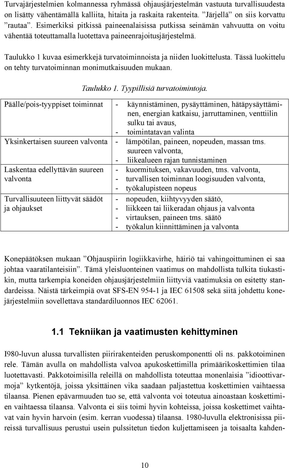 Taulukko 1 kuvaa esimerkkejä turvatoiminnoista ja niiden luokittelusta. Tässä luokittelu on tehty turvatoiminnan monimutkaisuuden mukaan. Taulukko 1. Tyypillisiä turvatoimintoja.