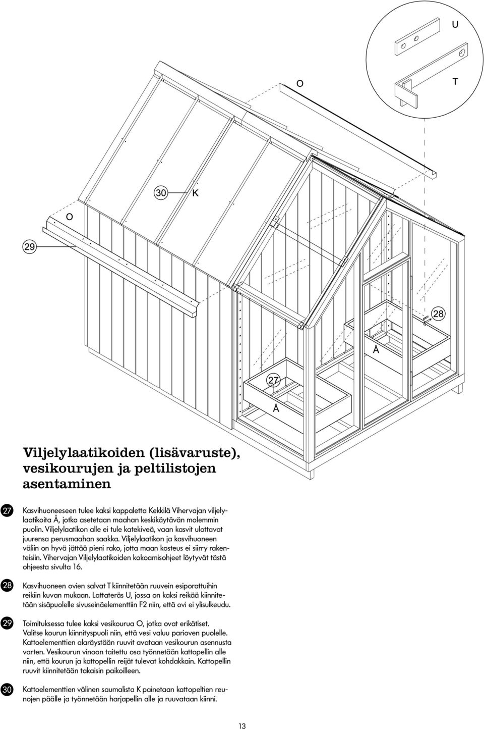 Viljelylaatikon ja kasvihuoneen väliin on hyvä jättää pieni rako, jotta maan kosteus ei siirry rakenteisiin. Vihervajan Viljelylaatikoiden kokoamisohjeet löytyvät tästä ohjeesta sivulta 16.