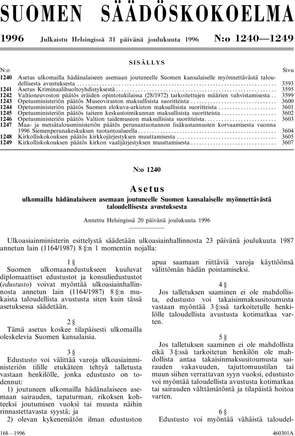 .. 3595 1242 Valtioneuvoston päätös eräiden opintotukilaissa (28/1972) tarkoitettujen määrien vahvistamisesta.. 3599 1243 Opetusministeriön päätös Museoviraston maksullisista suoritteista.