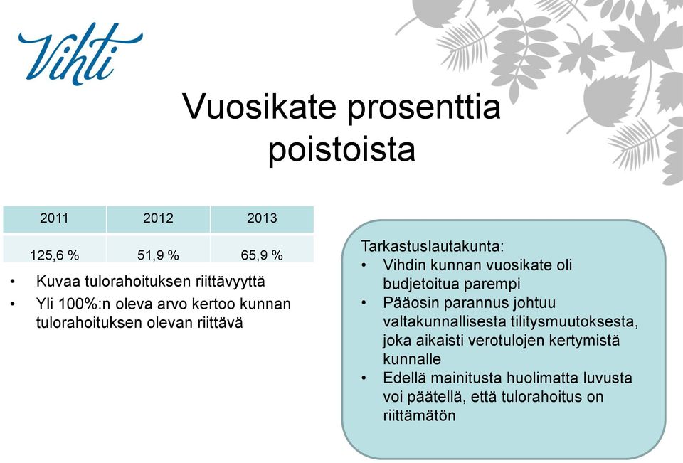 oli budjetoitua parempi Pääosin parannus johtuu valtakunnallisesta tilitysmuutoksesta, joka aikaisti