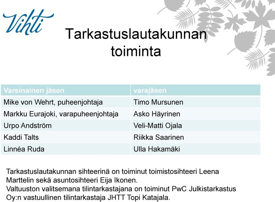 Tarkastuslautakunnan sihteerinä on toiminut toimistosihteeri Leena Marttelin sekä asuntosihteeri Eija Ikonen.