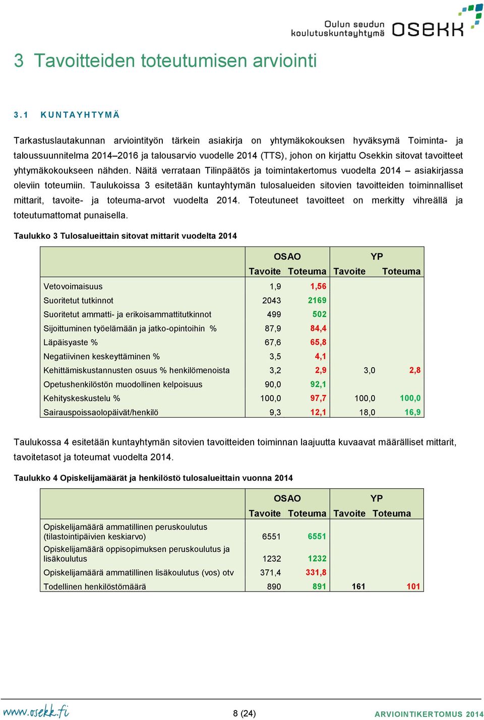 kirjattu Osekkin sitovat tavoitteet yhtymäkokoukseen nähden. Näitä verrataan Tilinpäätös ja toimintakertomus vuodelta 2014 asiakirjassa oleviin toteumiin.