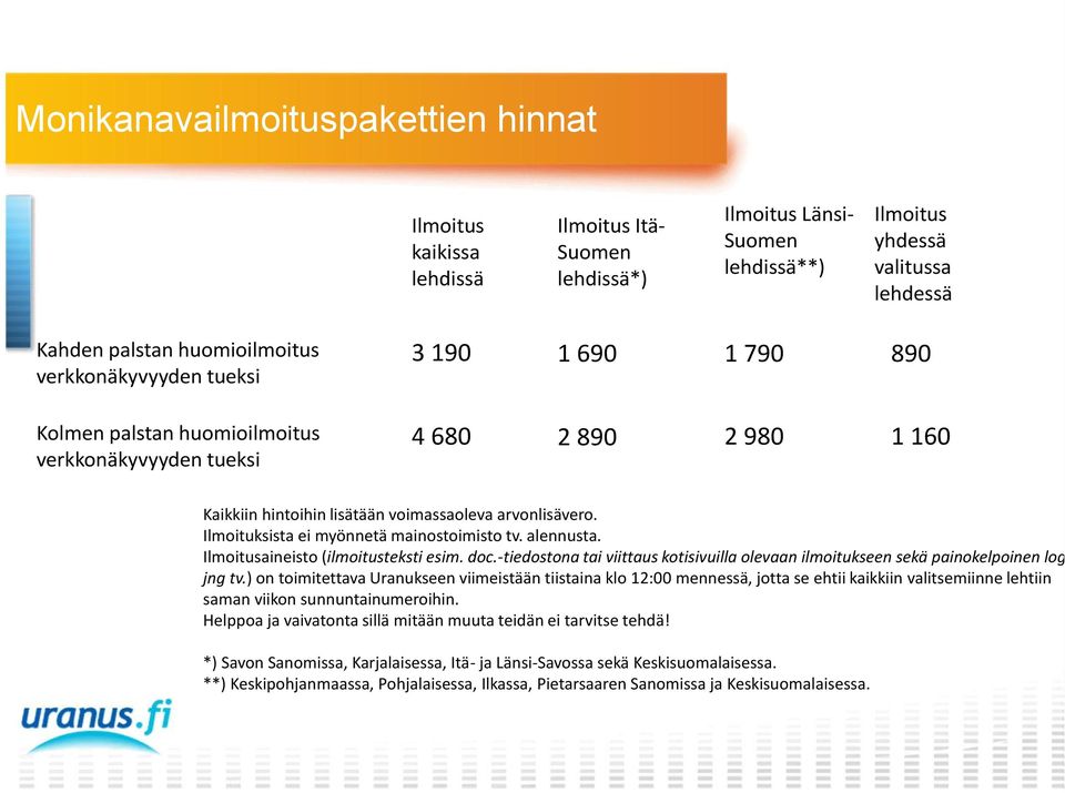 Ilmoituksista ei myönnetä mainostoimisto tv. alennusta. Ilmoitusaineisto (ilmoitusteksti esim. doc.-tiedostona tai viittaus kotisivuilla olevaan ilmoitukseen sekä painokelpoinen logo, jng tv.