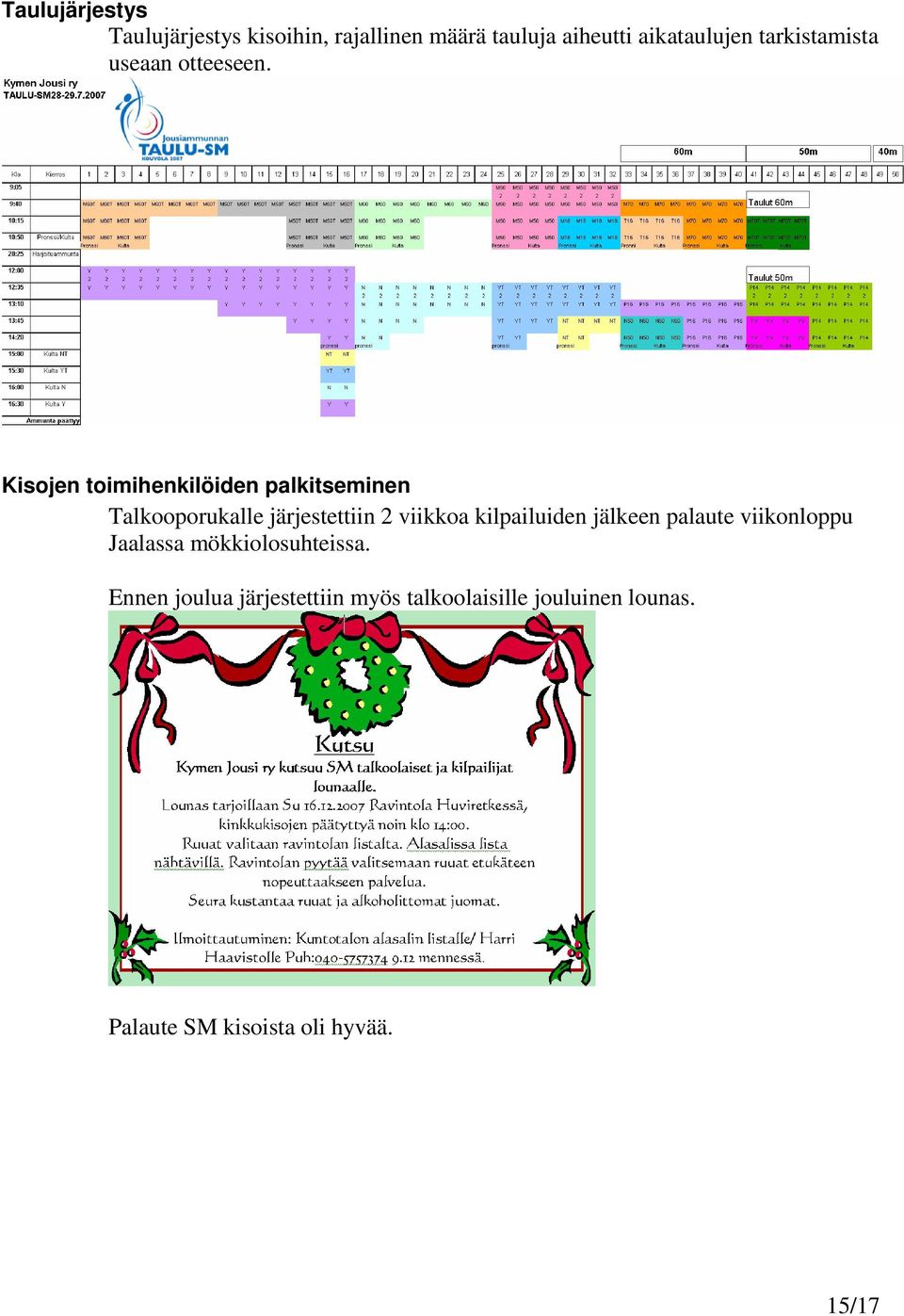 Kisojen toimihenkilöiden palkitseminen Talkooporukalle järjestettiin 2 viikkoa kilpailuiden