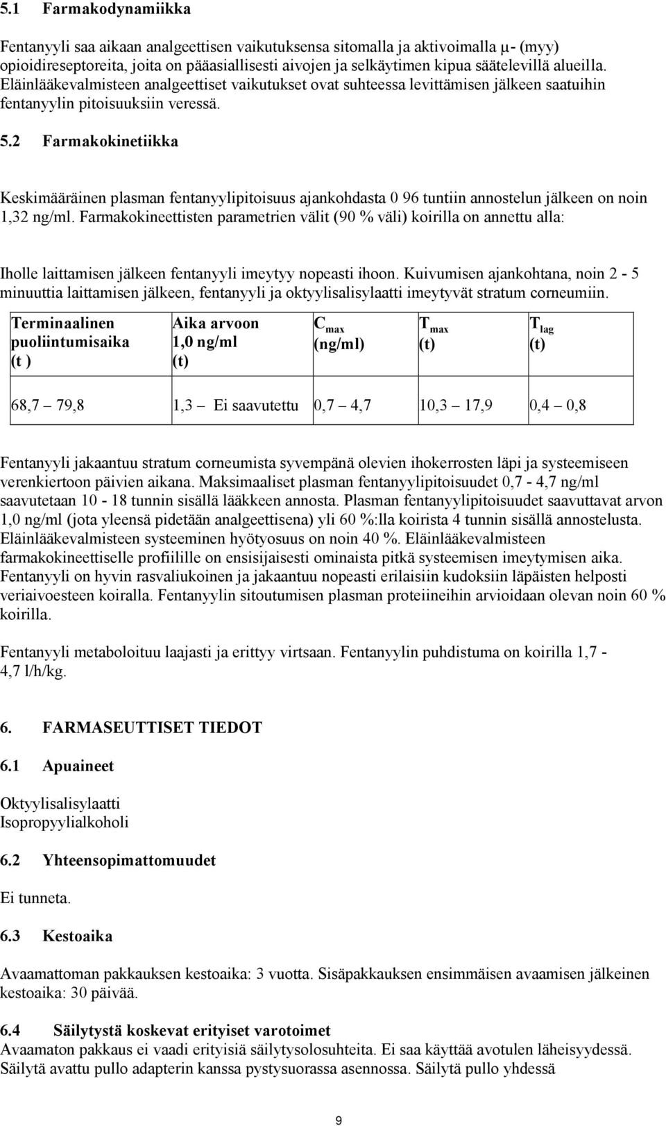 2 Farmakokinetiikka Keskimääräinen plasman fentanyylipitoisuus ajankohdasta 0 96 tuntiin annostelun jälkeen on noin 1,32 ng/ml.