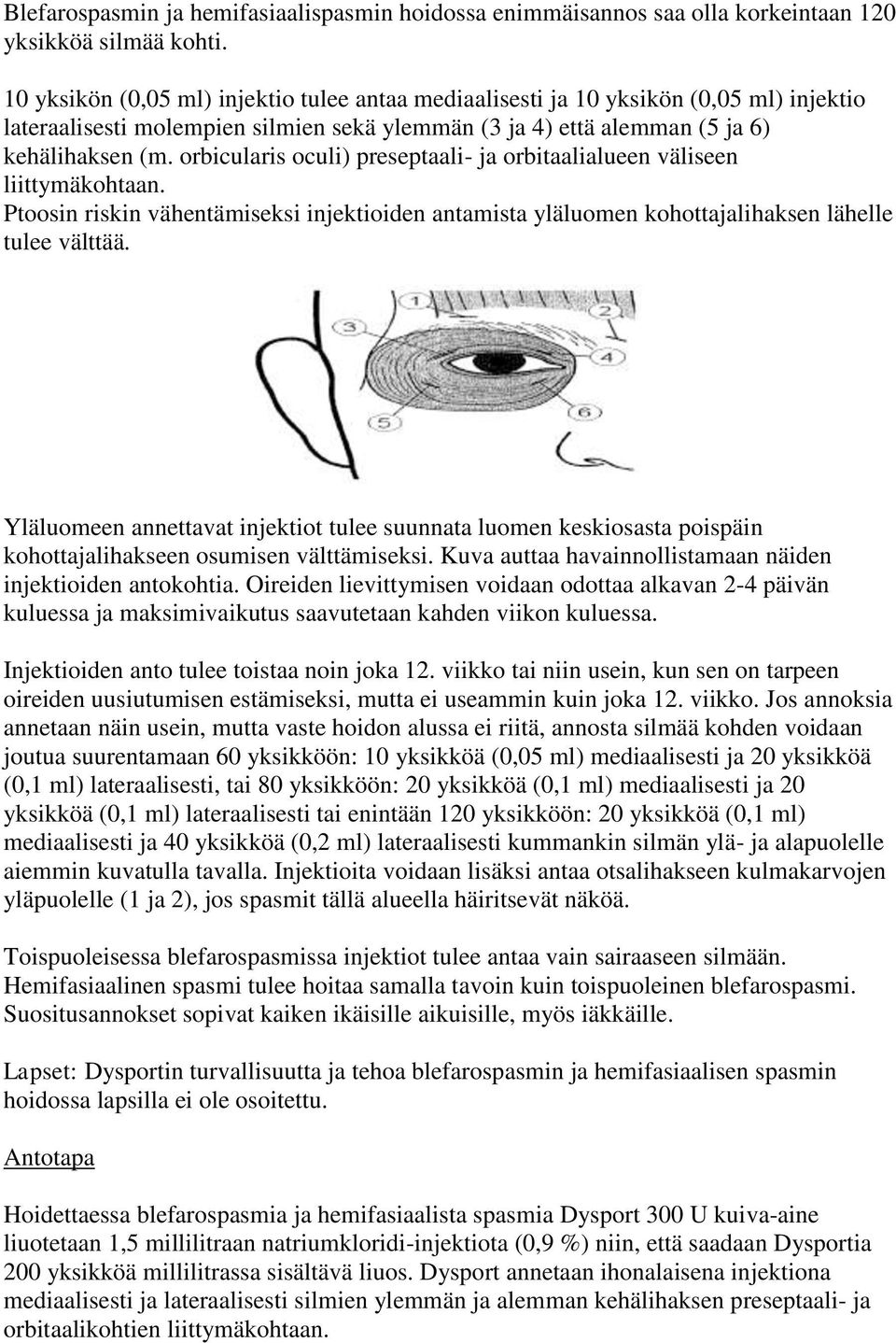 orbicularis oculi) preseptaali- ja orbitaalialueen väliseen liittymäkohtaan. Ptoosin riskin vähentämiseksi injektioiden antamista yläluomen kohottajalihaksen lähelle tulee välttää.