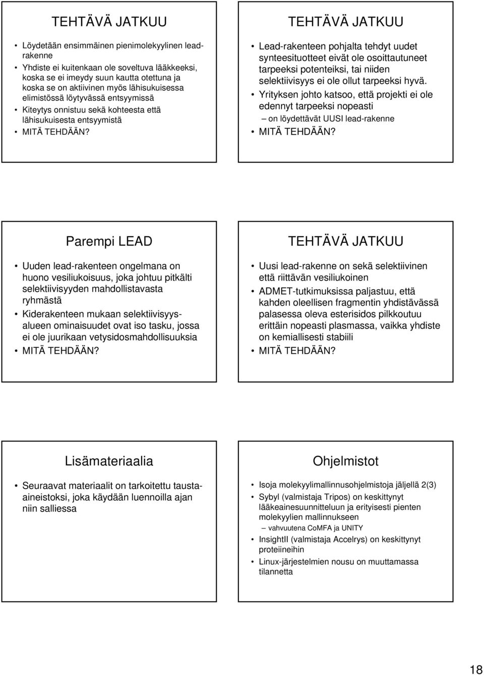 TEHTÄVÄ JATKUU Lead-rakenteen pohjalta tehdyt uudet synteesituotteet eivät ole osoittautuneet tarpeeksi potenteiksi, tai niiden selektiivisyys ei ole ollut tarpeeksi hyvä.