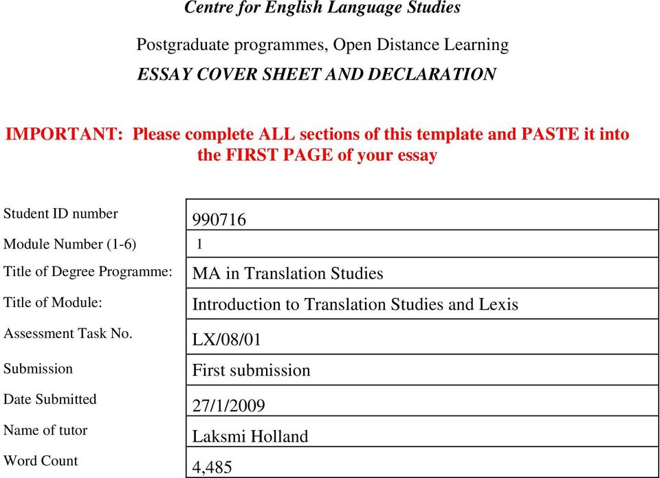 990716 Module Number (1-6) 1 Title of Degree Programme: MA in Translation Studies Title of Module: Introduction to Translation