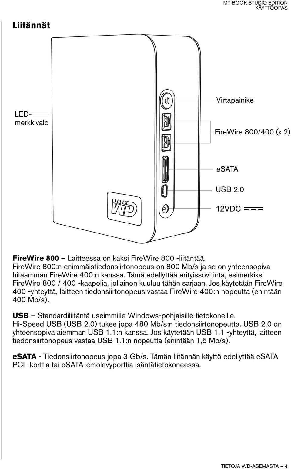 Tämä edellyttää erityissovitinta, esimerkiksi FireWire 800 / 400 -kaapelia, jollainen kuuluu tähän sarjaan.