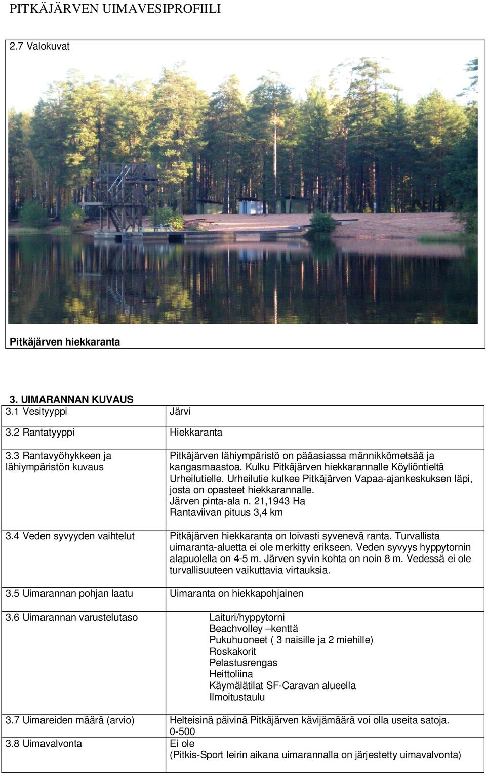 Urheilutie kulkee Pitkäjärven Vapaa-ajankeskuksen läpi, josta on opasteet hiekkarannalle. Järven pinta-ala n. 21,1943 Ha Rantaviivan pituus 3,4 km 3.
