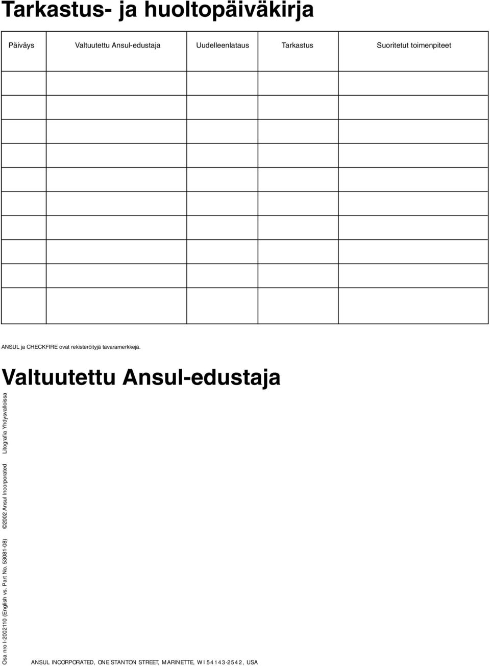 Valtuutettu Ansul-edustaja Osa nro I-2002110 (English vs. Part No.