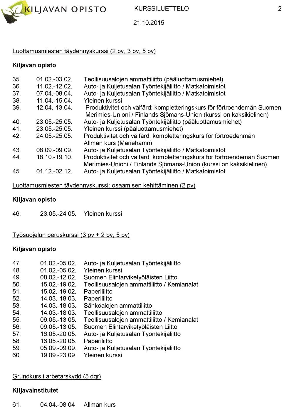 23.05.-25.05. Auto- ja Kuljetusalan Työntekijäliitto (pääluottamusmiehet) 41. 23.05.-25.05. Yleinen kurssi (pääluottamusmiehet) 42. 24.05.-25.05. Produktivitet och välfärd: kompletteringskurs för förtroedenmän Allman kurs (Mariehamn) 43.