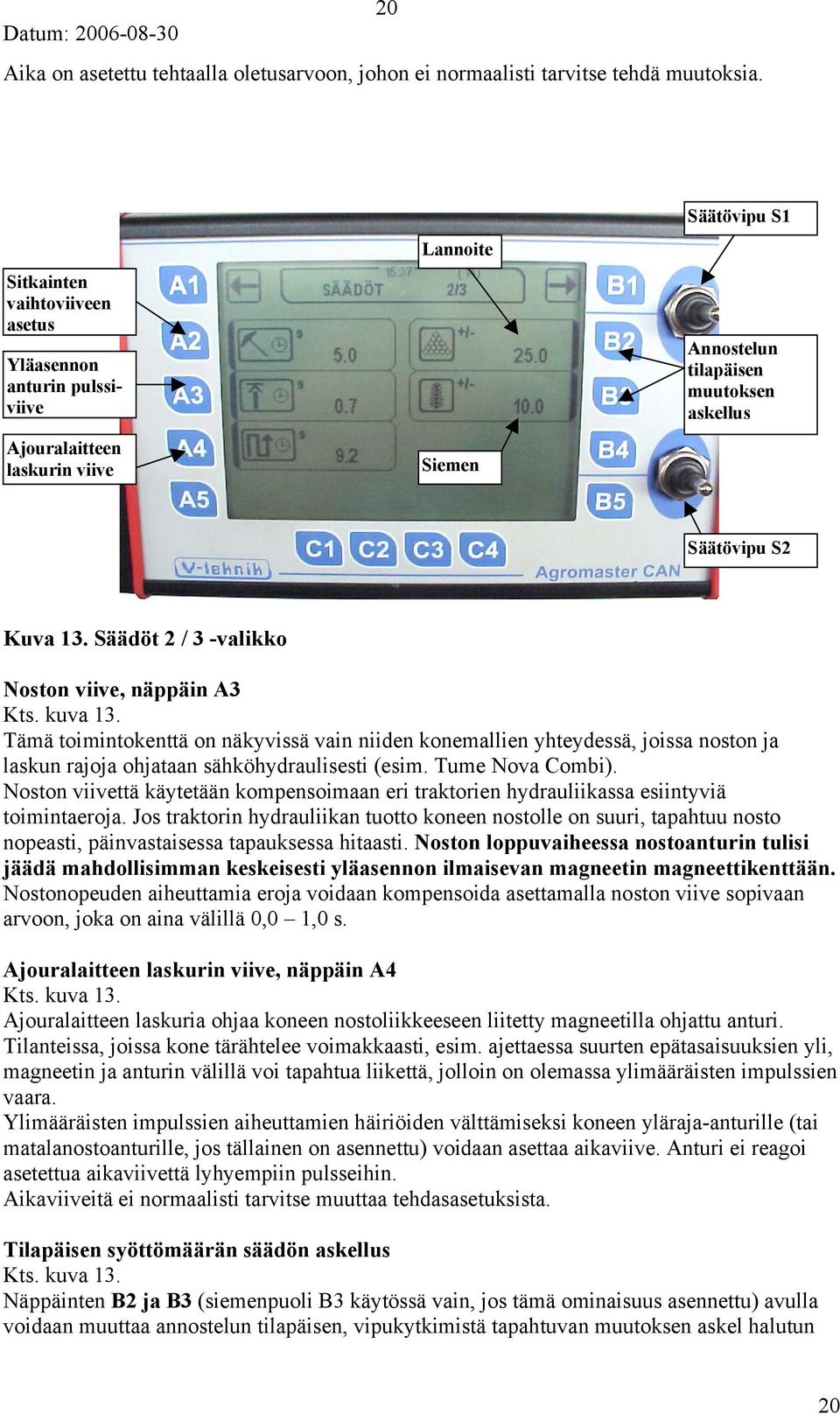 Säädöt 2 / 3 -valikko Noston viive, näppäin A3 Kts. kuva 13. Tämä toimintokenttä on näkyvissä vain niiden konemallien yhteydessä, joissa noston ja laskun rajoja ohjataan sähköhydraulisesti (esim.