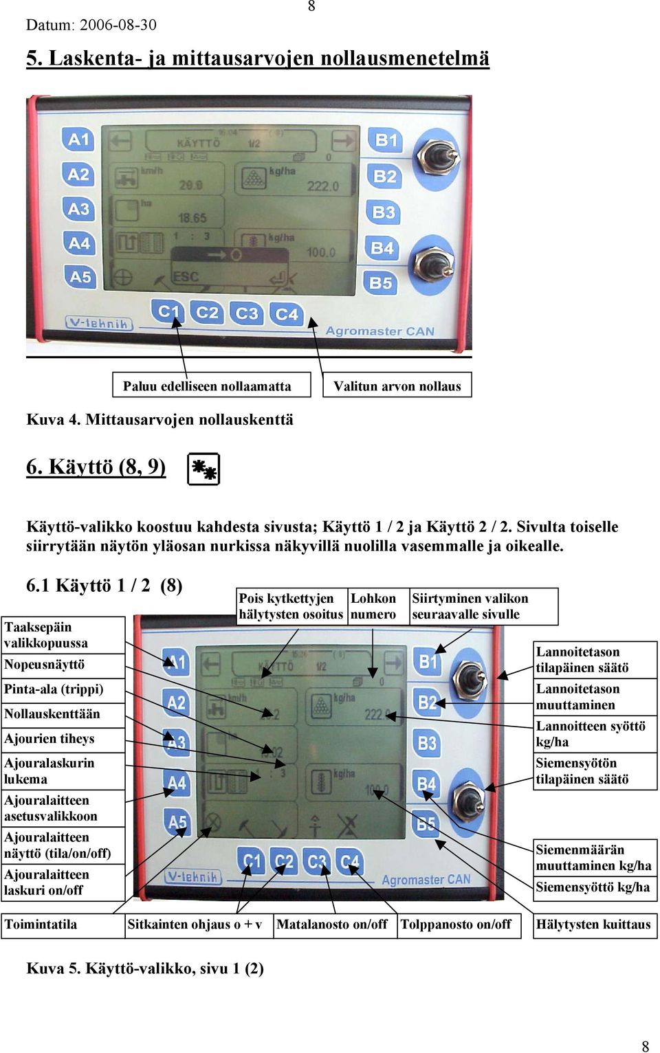 1 Käyttö 1 / 2 (8) Taaksepäin valikkopuussa Nopeusnäyttö Pinta-ala (trippi) Nollauskenttään Ajourien tiheys Ajouralaskurin lukema Ajouralaitteen asetusvalikkoon Ajouralaitteen näyttö (tila/on/off)