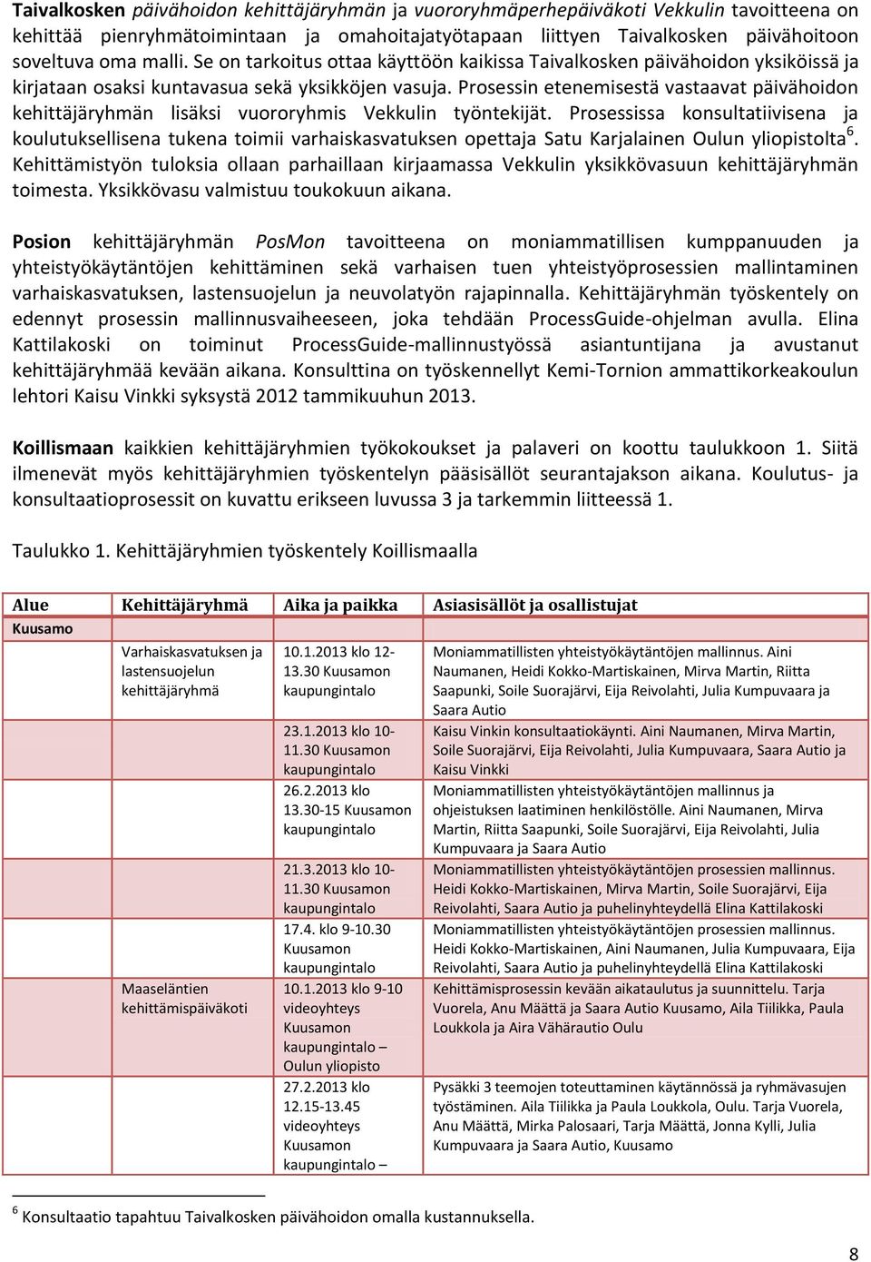 Prosessin etenemisestä vastaavat päivähoidon kehittäjäryhmän lisäksi vuororyhmis Vekkulin työntekijät.