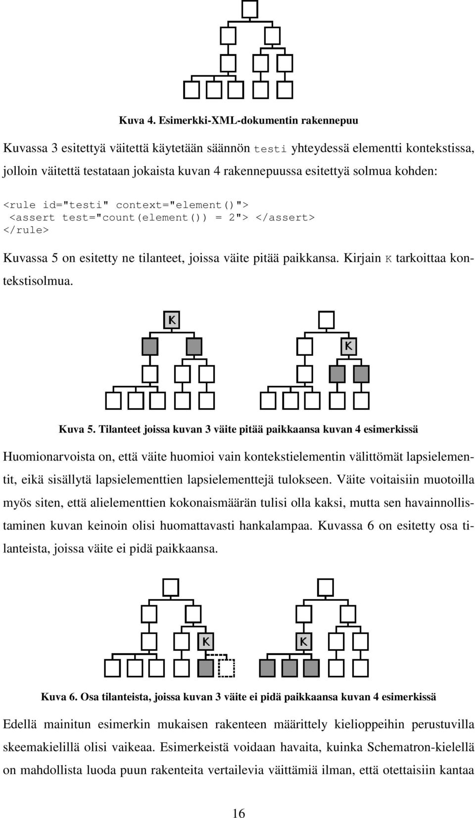 kohden: <rule id="testi" context="element()"> <assert test="count(element()) = 2"> </assert> </rule> Kuvassa 5 on esitetty ne tilanteet, joissa väite pitää paikkansa.