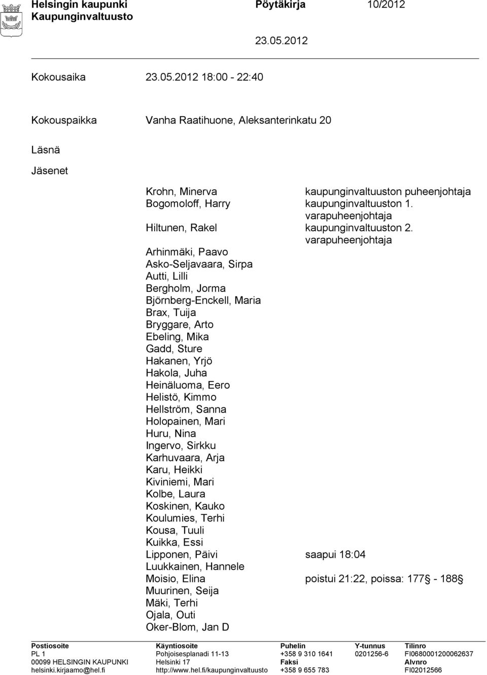 varapuheenjohtaja Arhinmäki, Paavo Asko-Seljavaara, Sirpa Autti, Lilli Bergholm, Jorma Björnberg-Enckell, Maria Brax, Tuija Bryggare, Arto Ebeling, Mika Gadd, Sture Hakanen, Yrjö Hakola, Juha