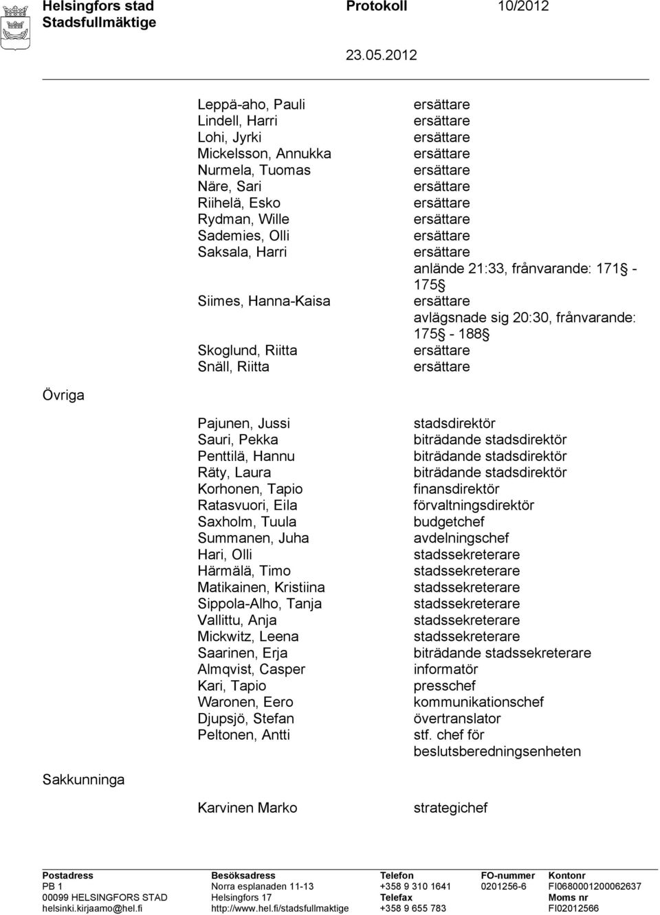 ersättare avlägsnade sig 20:30, frånvarande: 175-188 ersättare ersättare Övriga Pajunen, Jussi Sauri, Pekka Penttilä, Hannu Räty, Laura Korhonen, Tapio Ratasvuori, Eila Saxholm, Tuula Summanen, Juha