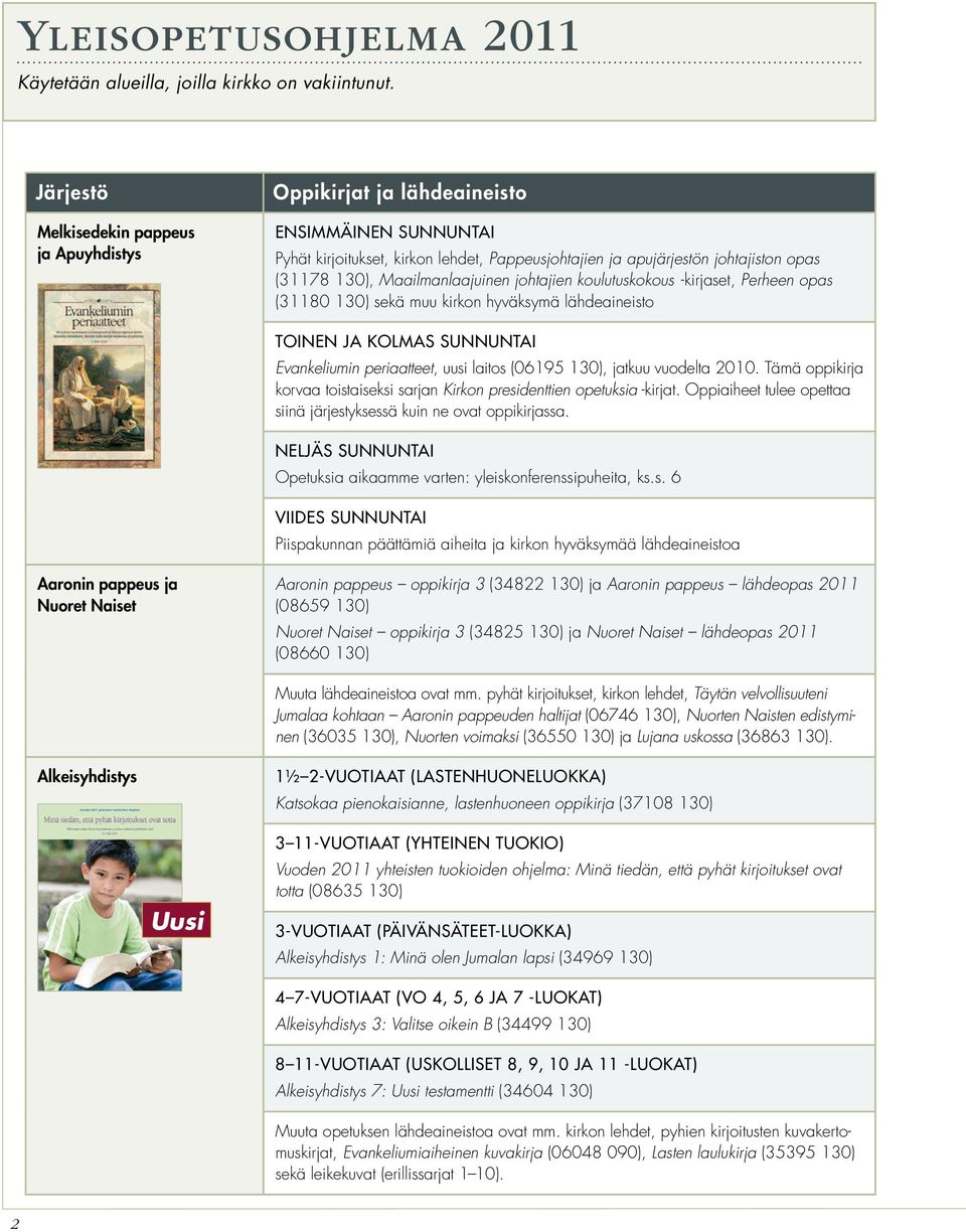 koulutuskokous -kirjaset, Perheen opas (31180 130) sekä muu kirkon hyväksymä lähdeaineisto Toinen ja kolmas sunnuntai Evankeliumin periaatteet, uusi laitos (06195 130), jatkuu vuodelta 2010.