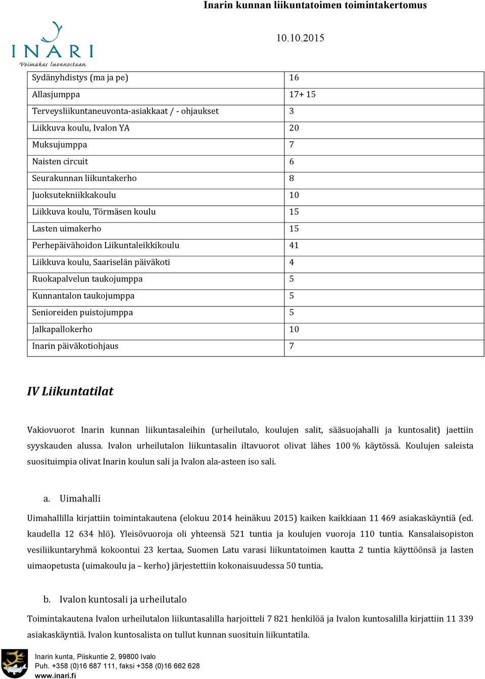 taukojumppa 5 Senioreiden puistojumppa 5 Jalkapallokerho 10 Inarin päiväkotiohjaus 7 IV Liikuntatilat Vakiovuorot Inarin kunnan liikuntasaleihin (urheilutalo, koulujen salit, sääsuojahalli ja
