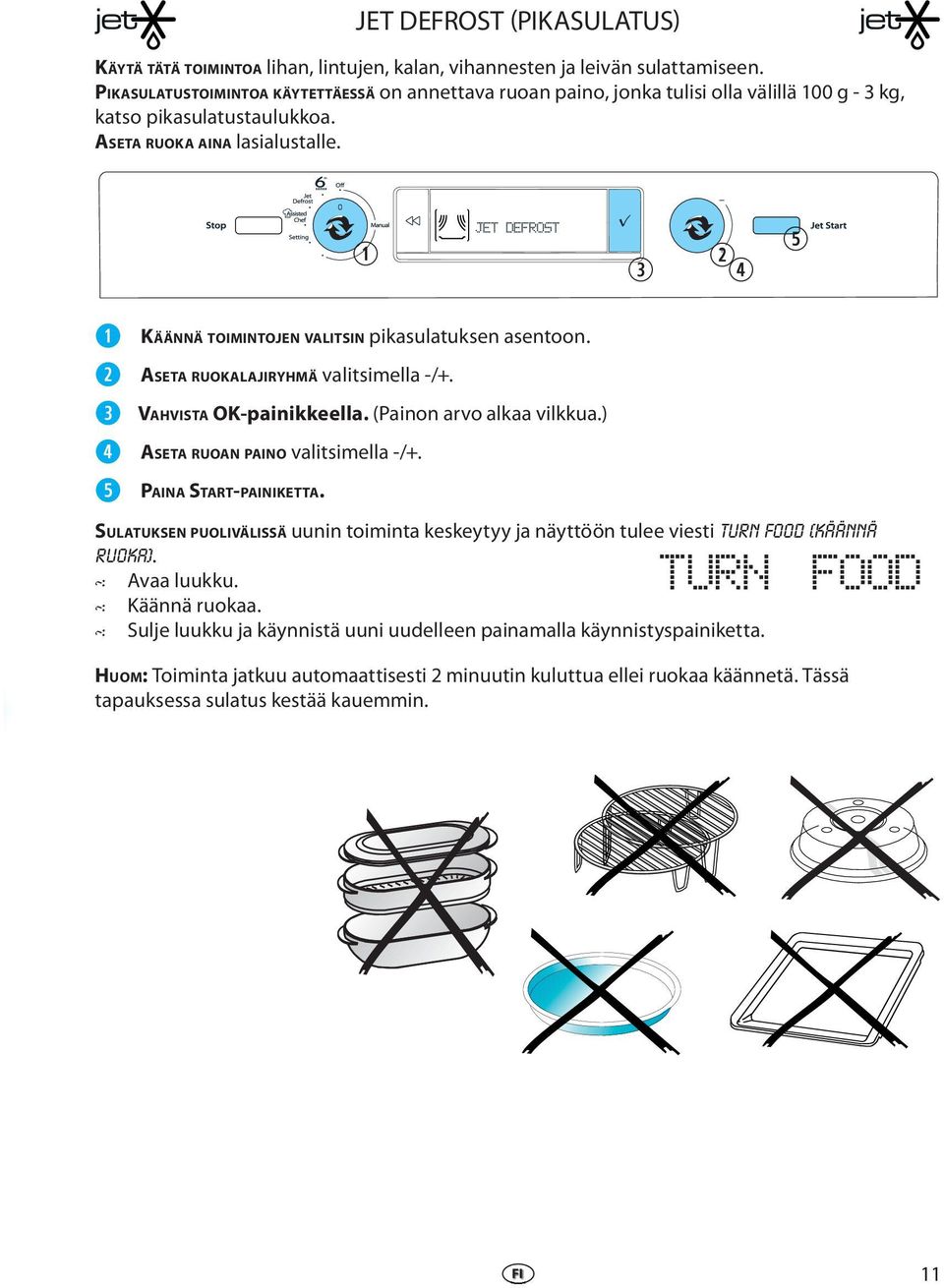r t KÄÄNNÄ TOIMINTOJEN VALITSIN pikasulatuksn asntoon. ASETA RUOKALAJIRYHMÄ valitsimlla -/+. r ASETA RUOAN PAINO valitsimlla -/+. t PAINA START-PAINIKETTA. VAHVISTA OK-painikklla.