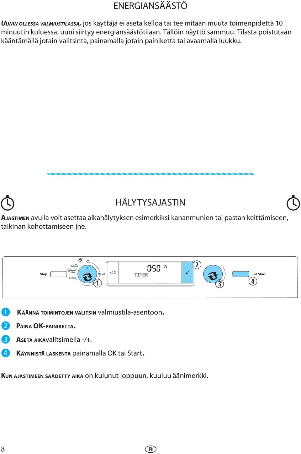 HÄLYTYSAJASTIN AJASTIMEN avulla voit asttaa aikahälytyksn simrkiksi kananmunin tai pastan kittämisn, taikinan kohottamisn jn. r PAINA OK-PAINIKETTA.