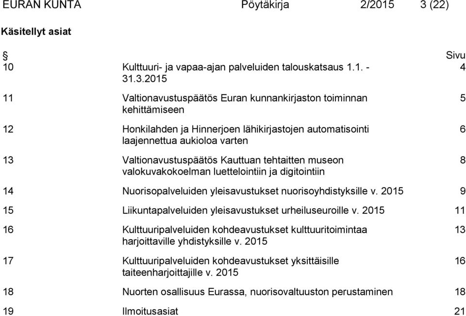 .3.2015 11 Valtionavustuspäätös Euran kunnankirjaston toiminnan kehittämiseen 12 Honkilahden ja Hinnerjoen lähikirjastojen automatisointi laajennettua aukioloa varten 13 Valtionavustuspäätös Kauttuan