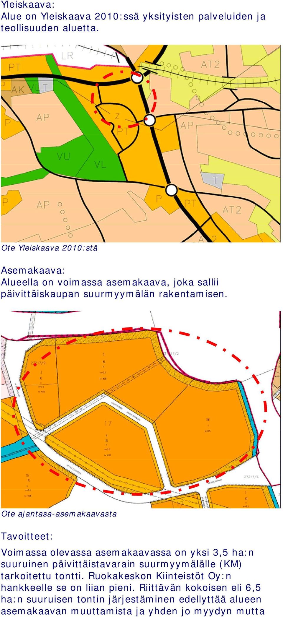 Ote ajantasa-asemakaavasta Tavoitteet: Voimassa olevassa asemakaavassa on yksi 3,5 ha:n suuruinen päivittäistavarain suurmyymälälle (KM)