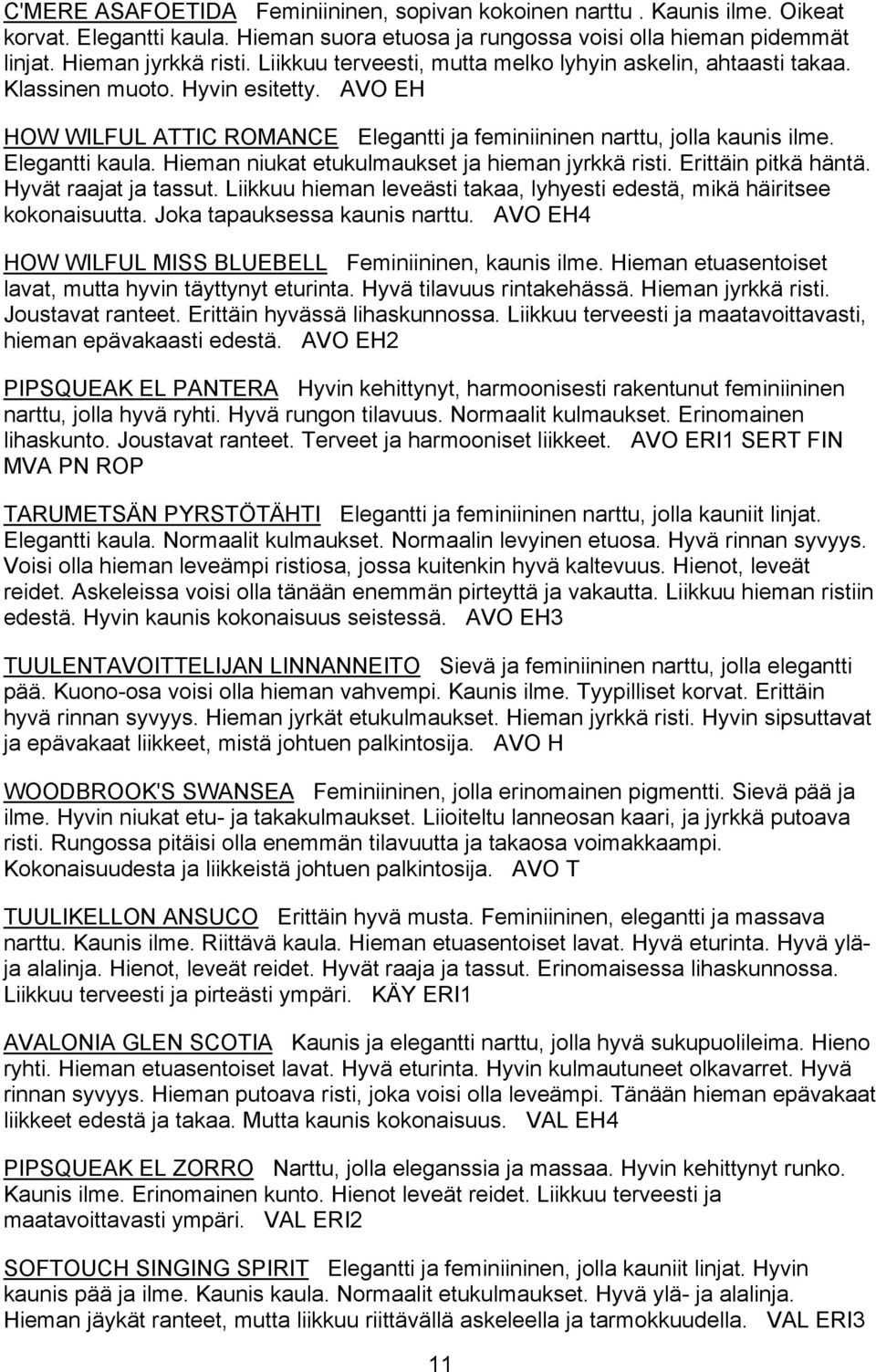 Hieman niukat etukulmaukset ja hieman jyrkkä risti. Erittäin pitkä häntä. Hyvät raajat ja tassut. Liikkuu hieman leveästi takaa, lyhyesti edestä, mikä häiritsee kokonaisuutta.