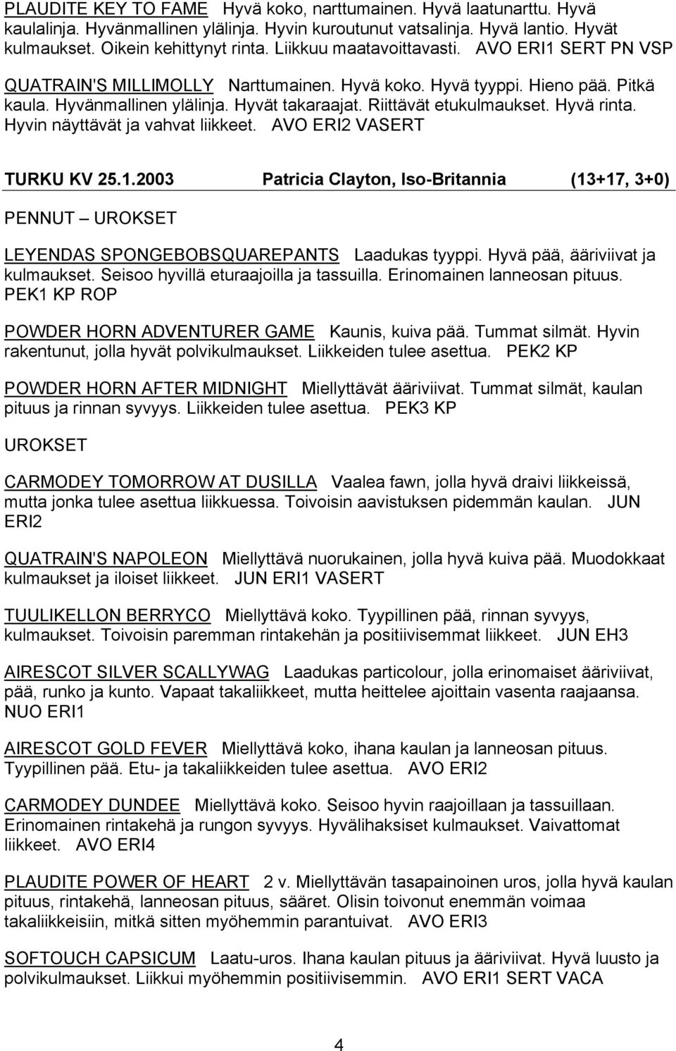 Hyvä rinta. Hyvin näyttävät ja vahvat liikkeet. AVO ERI2 VASERT TURKU KV 25.1.2003 Patricia Clayton, Iso-Britannia (13+17, 3+0) PENNUT UROKSET LEYENDAS SPONGEBOBSQUAREPANTS Laadukas tyyppi.