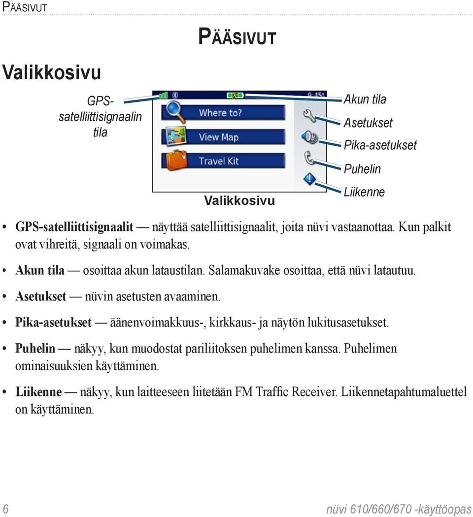 Salamakuvake osoittaa, että nüvi latautuu. Asetukset nüvin asetusten avaaminen. Pika-asetukset äänenvoimakkuus-, kirkkaus- ja näytön lukitusasetukset.