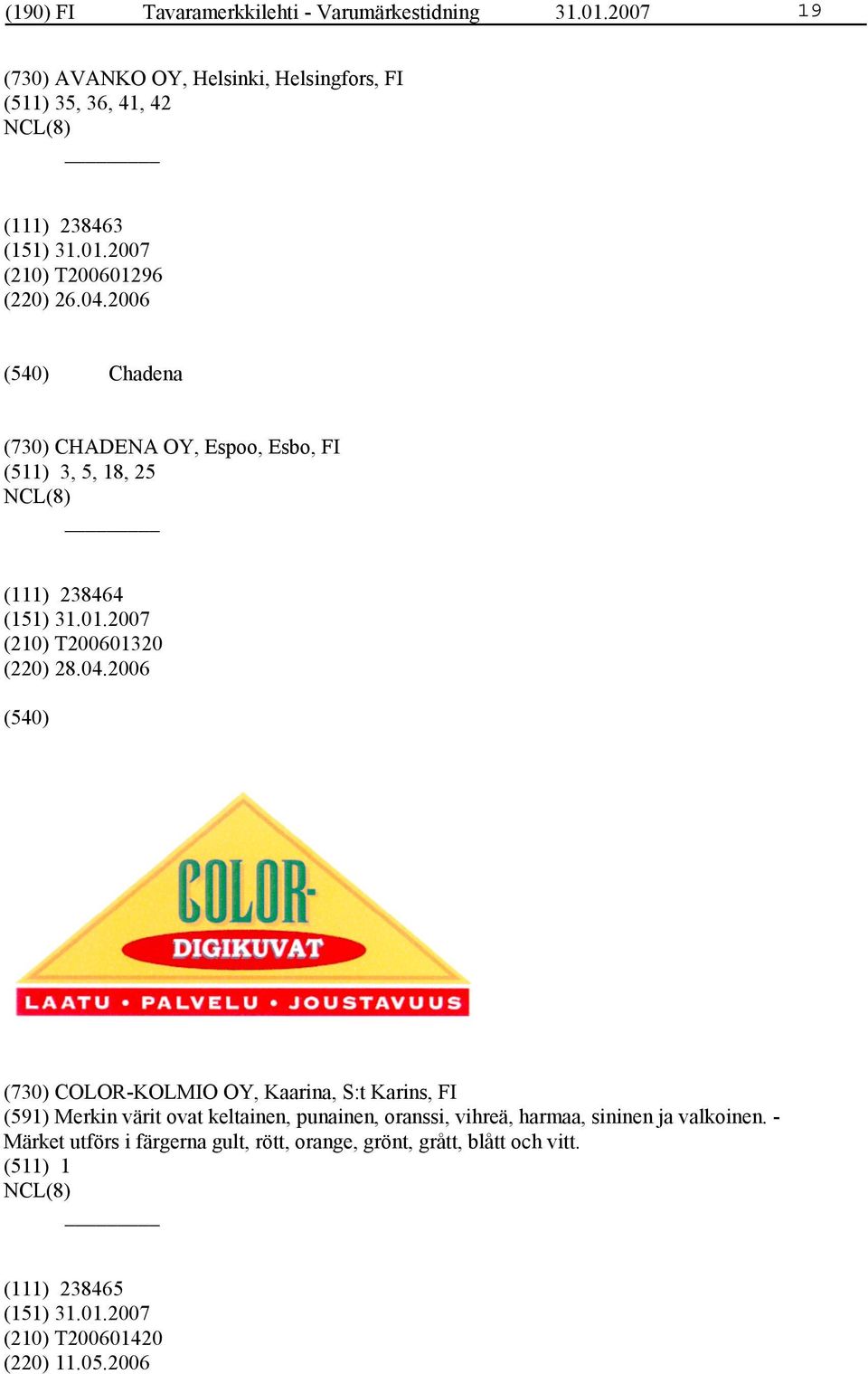 2006 Chadena (730) CHADENA OY, Espoo, Esbo, FI (511) 3, 5, 18, 25 (111) 238464 (210) T200601320 (220) 28.04.