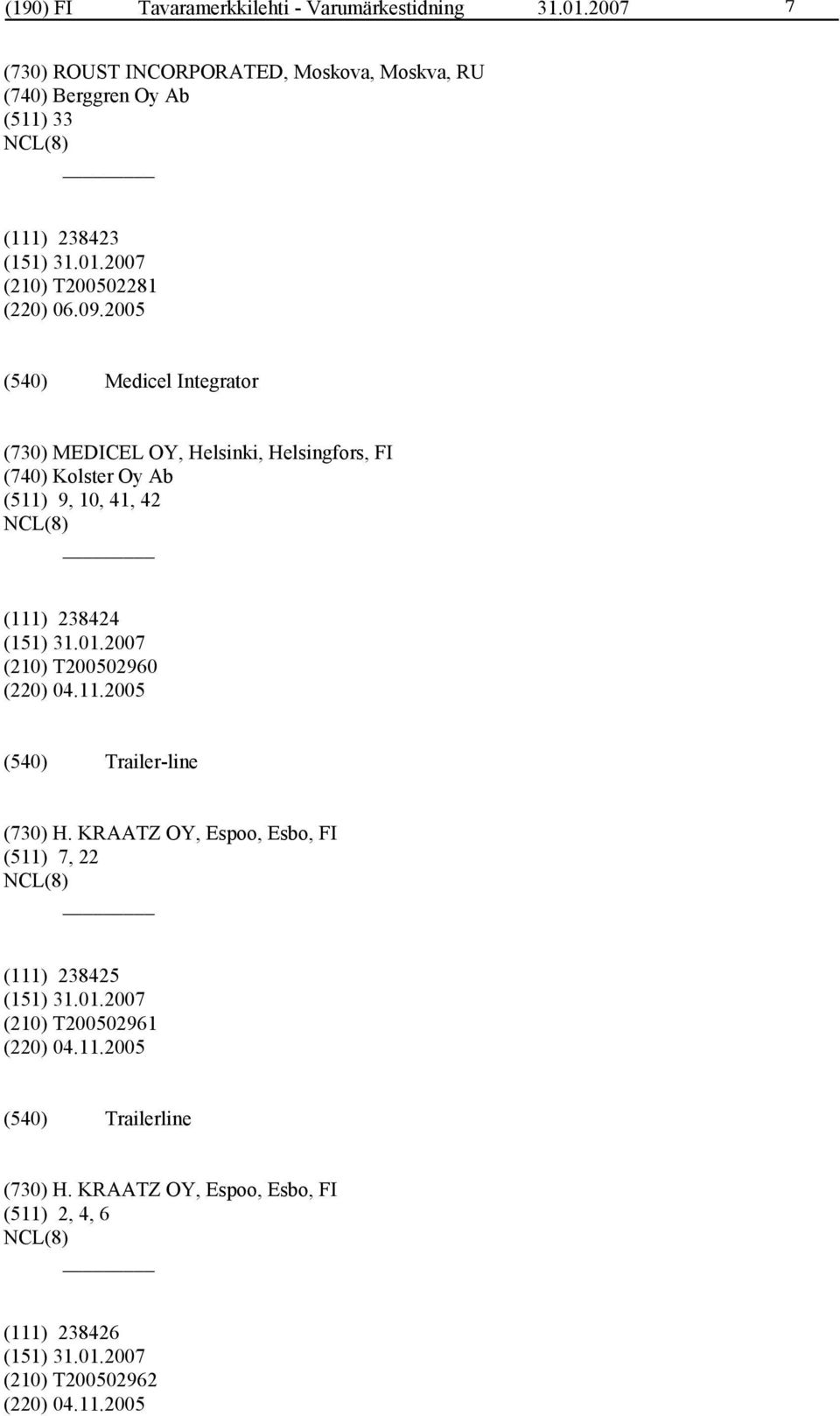 2005 Medicel Integrator (730) MEDICEL OY, Helsinki, Helsingfors, FI (740) Kolster Oy Ab (511) 9, 10, 41, 42 (111) 238424 (210) T200502960