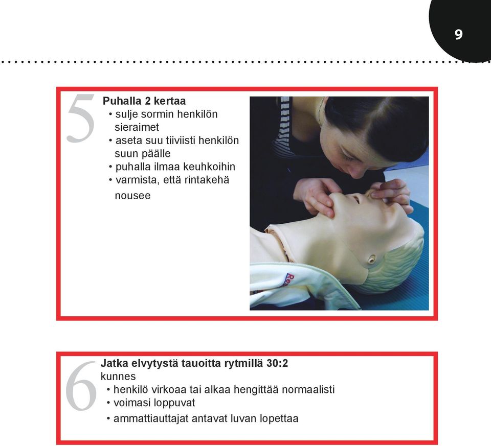 nousee 6Jatka elvytystä tauoitta rytmillä 30:2 kunnes henkilö virkoaa tai