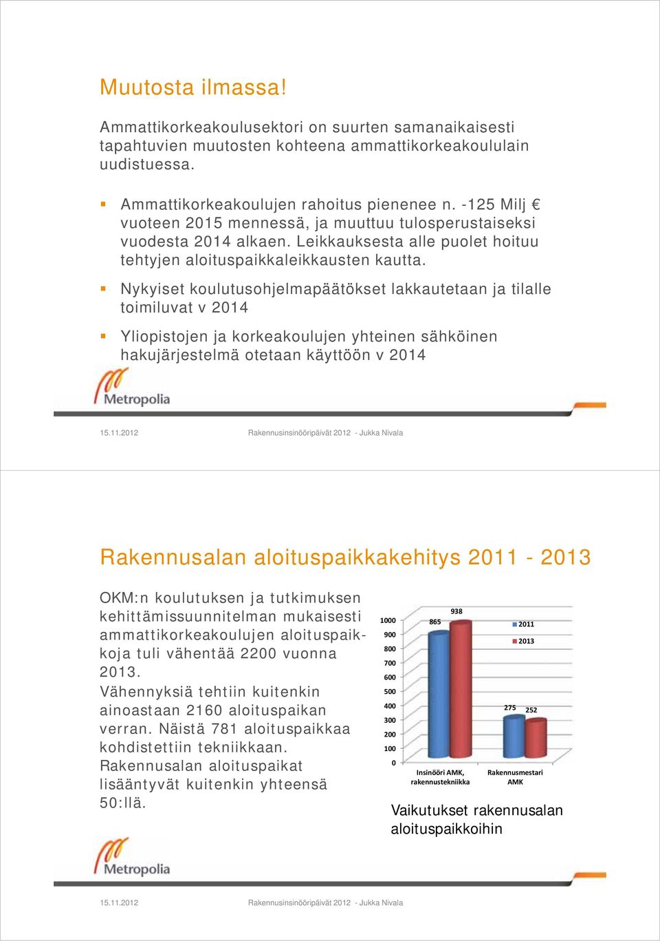 Nykyiset koulutusohjelmapäätökset lakkautetaan ja tilalle toimiluvat v 2014 Yliopistojen ja korkeakoulujen yhteinen sähköinen hakujärjestelmä otetaan käyttöön v 2014 Rakennusalan aloituspaikkakehitys