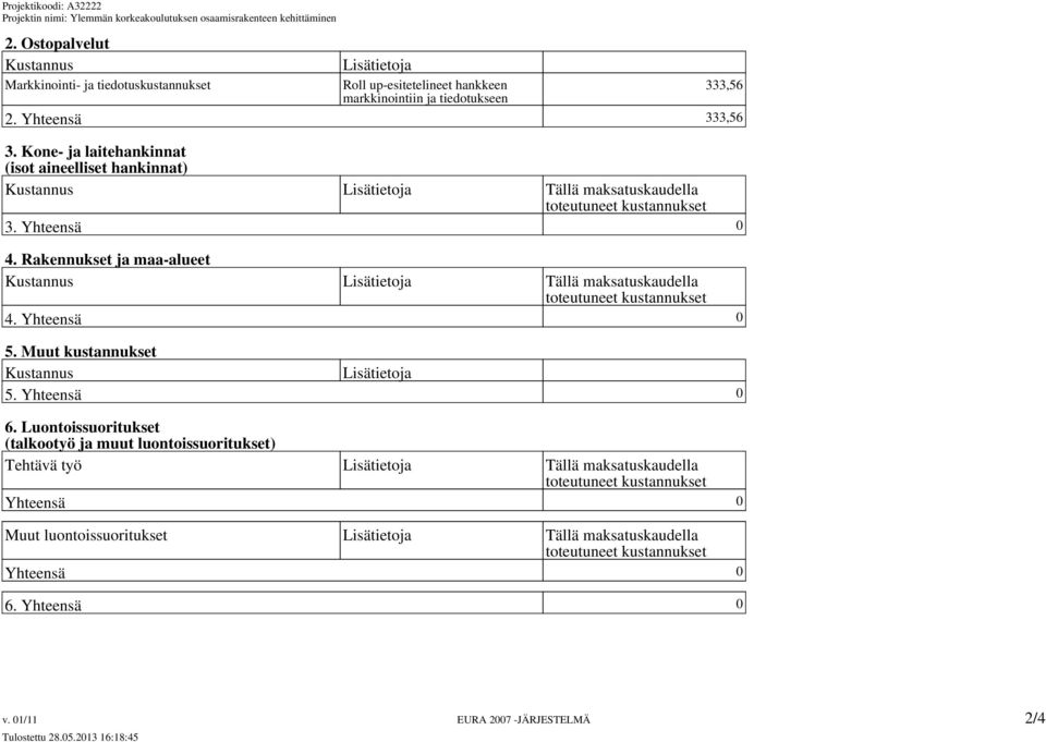 Rakennukset ja maa-alueet Kustannus Lisätietoja 4. Yhteensä 0 5. Muut kustannukset Kustannus Lisätietoja 5. Yhteensä 0 6.