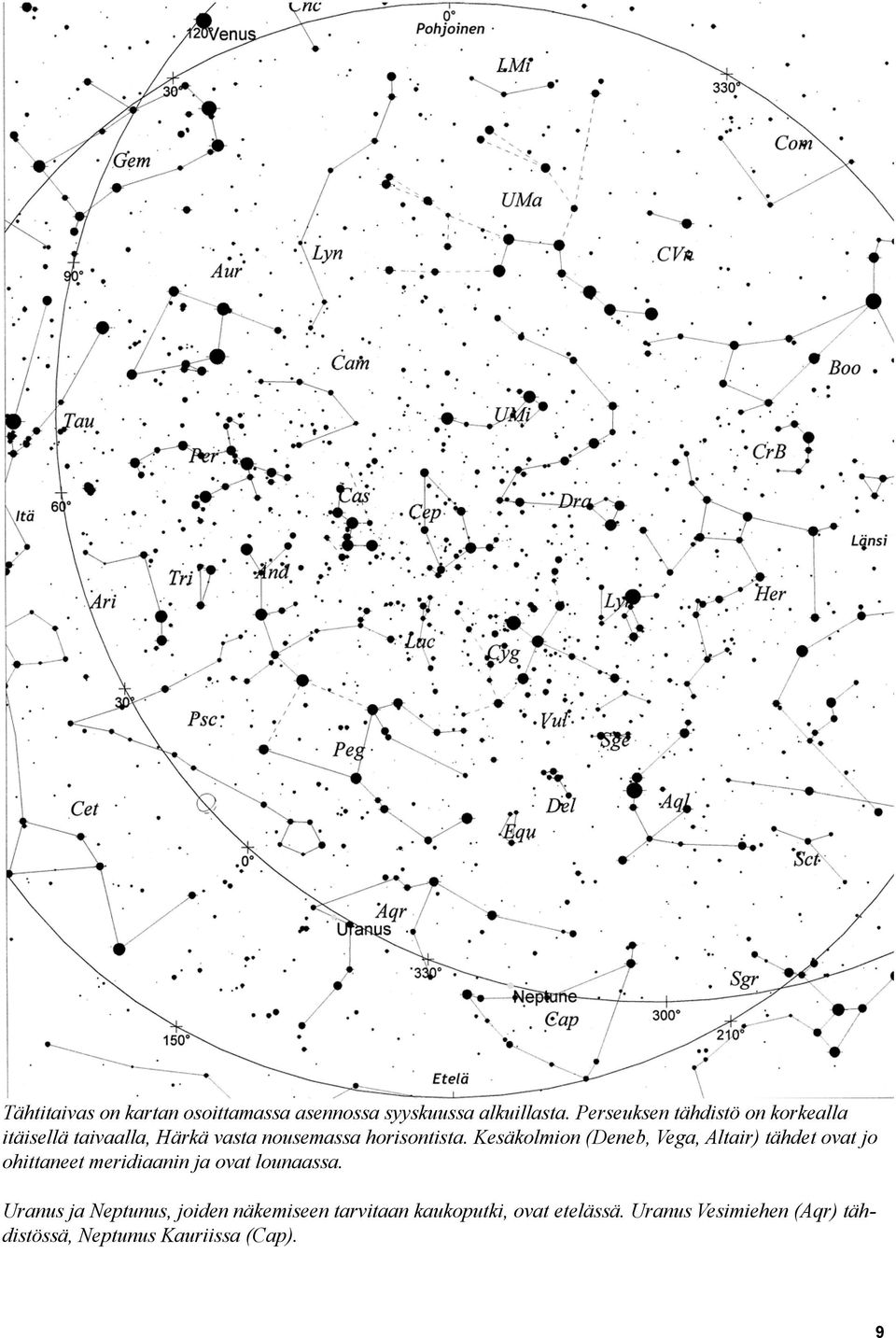 Kesäkolmion (Deneb, Vega, Altair) tähdet ovat jo ohittaneet meridiaanin ja ovat lounaassa.