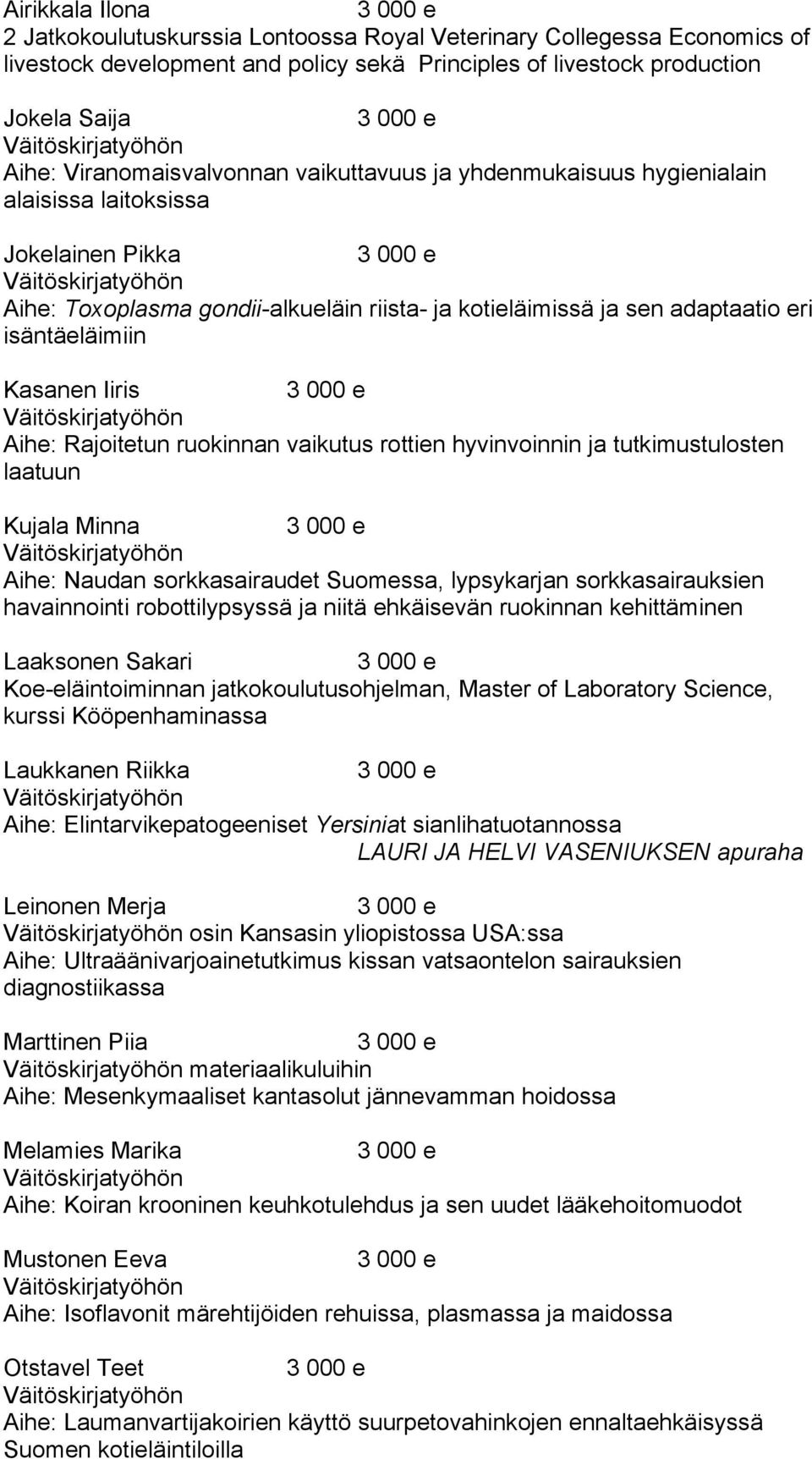 Kasanen Iiris Aihe: Rajoitetun ruokinnan vaikutus rottien hyvinvoinnin ja tutkimustulosten laatuun Kujala Minna Aihe: Naudan sorkkasairaudet Suomessa, lypsykarjan sorkkasairauksien havainnointi