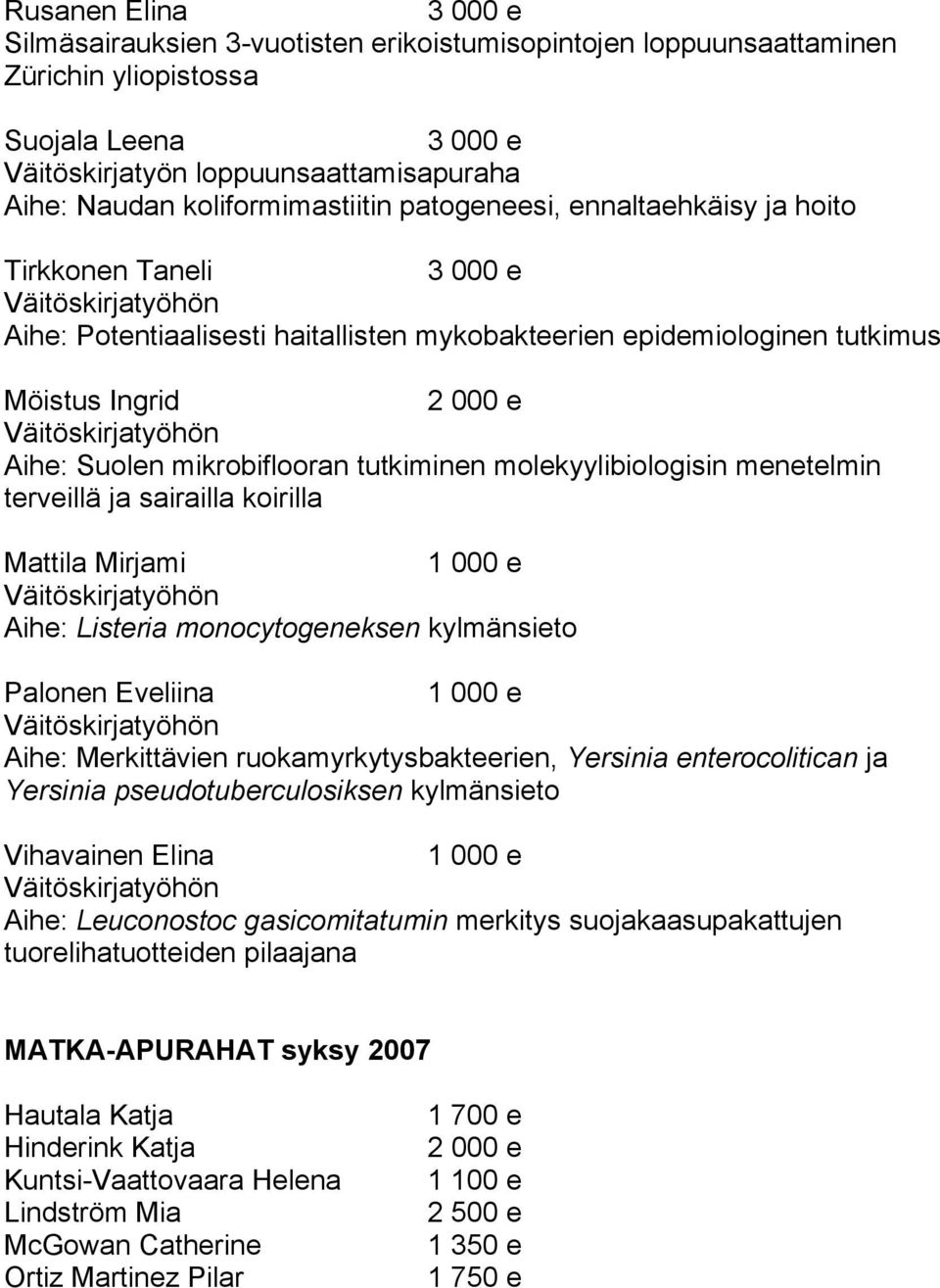 molekyylibiologisin menetelmin terveillä ja sairailla koirilla Mattila Mirjami Aihe: Listeria monocytogeneksen kylmänsieto Palonen Eveliina Aihe: Merkittävien ruokamyrkytysbakteerien, Yersinia