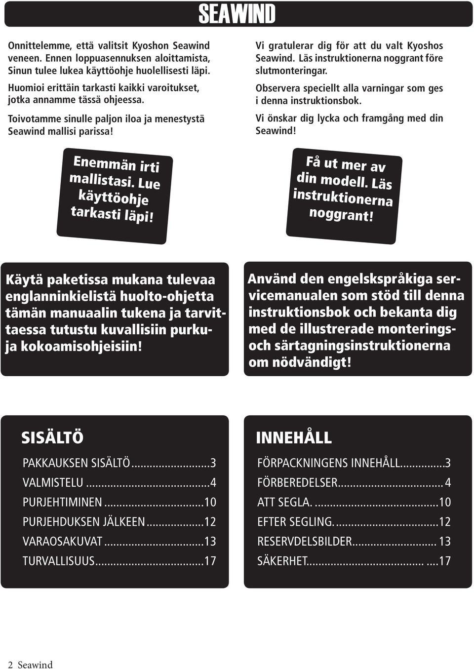 Läs instruktionerna noggrant före slutmonteringar. Observera speciellt alla varningar som ges i denna instruktionsbok. Vi önskar dig lycka och framgång med din Seawind! Enemmän irti mallistasi.