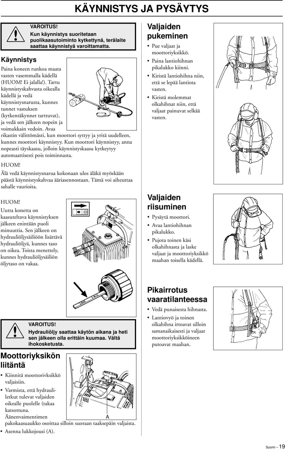 Tartu käynnistyskahvasta oikealla kädellä ja vedä käynnistysnarusta, kunnes tunnet vastuksen (kytkentäkynnet tarttuvat), ja vedä sen jälkeen nopein ja voimakkain vedoin.