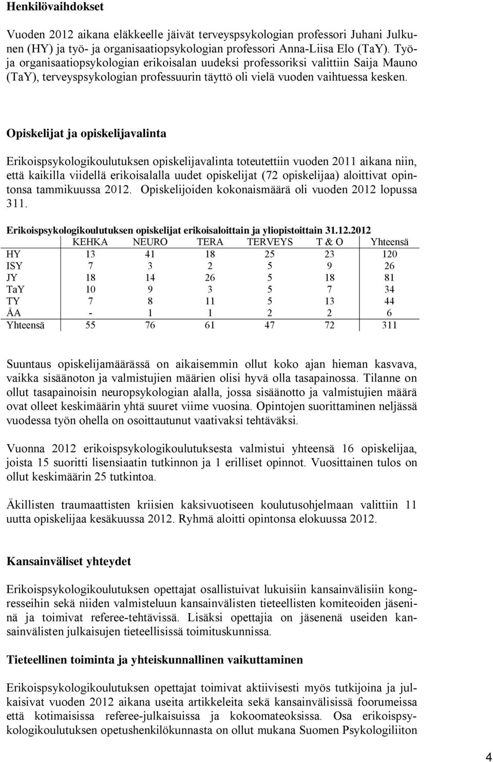 Opiskelijat ja opiskelijavalinta Erikoispsykologikoulutuksen opiskelijavalinta toteutettiin vuoden 2011 aikana niin, että kaikilla viidellä erikoisalalla uudet opiskelijat (72 opiskelijaa) aloittivat